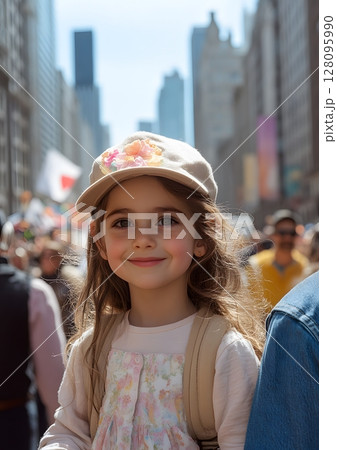 little girl waving flag while sitting on shoulders of parent at parade little girl waving flag while sitting on shoulders of parent at parade 128095990