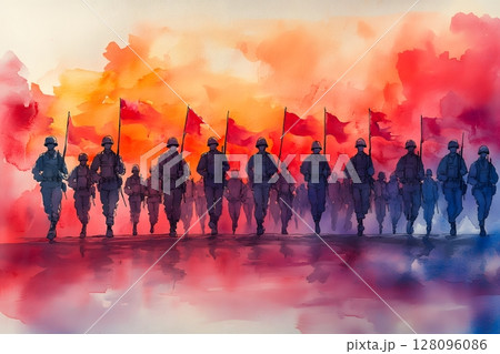 watercolor of soldiers marching in parade with red white blue flags watercolor of soldiers marching in parade with red white blue flags 128096086