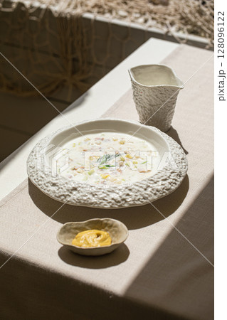Cold okroshka soup with kefir and vegetables Cold okroshka soup with kefir and vegetables 128096122