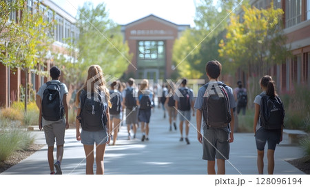 new students touring school campus, 128096194