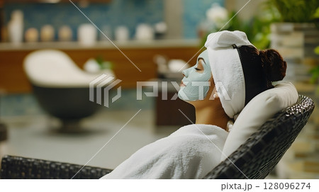 woman in spa with towel on head and facial mask, 128096274