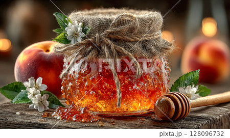 Rustic jar of peach jam with a twine cover, placed next to a fresh peach and delicate white blossoms on a wooden table 128096732