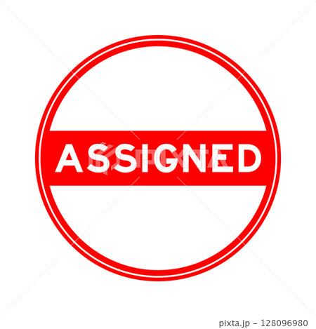 Red color round seal sticker in word assigned on white background Red color round seal sticker in word assigned on white background 128096980