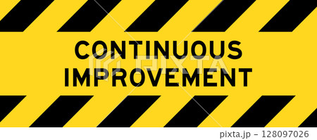 Yellow and black color with line striped label banner with word continuous improvement 128097026