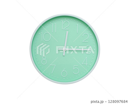 Modern mint green wall clock with white frame and numbers, showing 12:15 PM or 12:15. Ideal for minimalist designs, time-related content, or morning routine visuals. Modern mint green wall clock with white frame and numbers, showing 12:15 PM or 12:15. Ideal for minimalist designs, time-related content, or morning routine visuals. 128097684