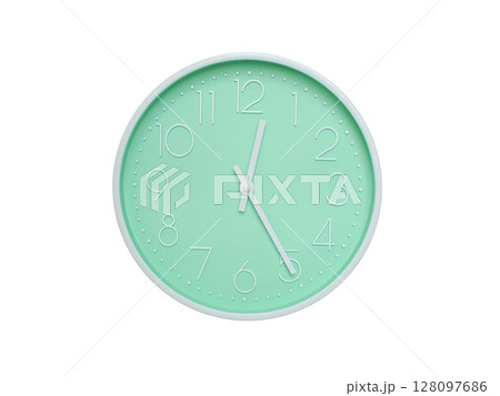 Modern mint green wall clock with white frame and numbers, showing 12:25 PM or 12:25. Ideal for minimalist designs, time-related content, or morning routine visuals. 128097686