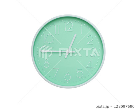 Modern mint green wall clock with white frame and numbers, showing 12:45 PM or 12:45. Ideal for minimalist designs, time-related content, or morning routine visuals. 128097690