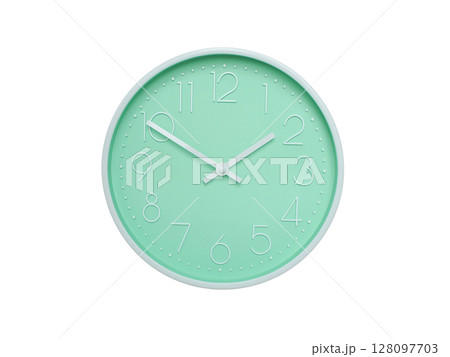 Modern mint green wall clock with white frame and numbers, showing 01:50 AM or 01:50. Ideal for minimalist designs, time-related content, or morning routine visuals. 128097703