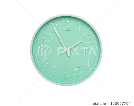 Modern mint green wall clock with white frame and numbers, showing 01:55 AM or 01:55. Ideal for minimalist designs, time-related content, or morning routine visuals. 128097704