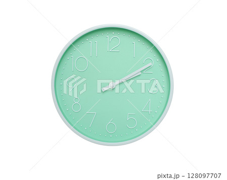 Modern mint green wall clock with white frame and numbers, showing 02:10 AM or 02:10. Ideal for minimalist designs, time-related content, or morning routine visuals. 128097707