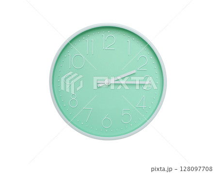 Modern mint green wall clock with white frame and numbers, showing 02:15 AM or 02:15. Ideal for minimalist designs, time-related content, or morning routine visuals. 128097708
