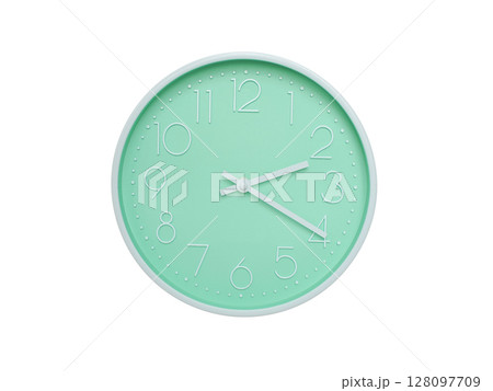 Modern mint green wall clock with white frame and numbers, showing 02:20 AM or 02:20. Ideal for minimalist designs, time-related content, or morning routine visuals. 128097709