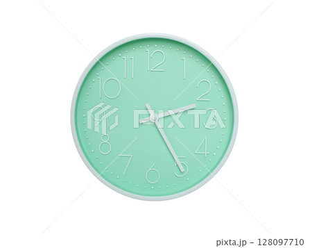 Modern mint green wall clock with white frame and numbers, showing 02:25 AM or 02:25. Ideal for minimalist designs, time-related content, or morning routine visuals. Modern mint green wall clock with white frame and numbers, showing 02:25 AM or 02:25. Ideal for minimalist designs, time-related content, or morning routine visuals. 128097710