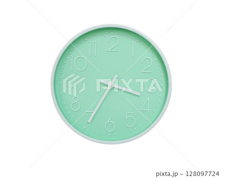 Modern mint green wall clock with white frame and numbers, showing 03:35 AM or 03:35. Ideal for minimalist designs, time-related content, or morning routine visuals. 128097724