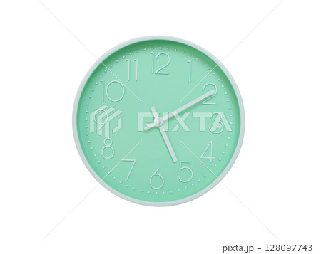 Modern mint green wall clock with white frame and numbers, showing 05:10 AM or 05:10. Ideal for minimalist designs, time-related content, or morning routine visuals. Modern mint green wall clock with white frame and numbers, showing 05:10 AM or 05:10. Ideal for minimalist designs, time-related content, or morning routine visuals. 128097743