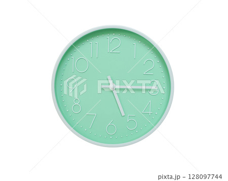 Modern mint green wall clock with white frame and numbers, showing 05:15 AM or 05:15. Ideal for minimalist designs, time-related content, or morning routine visuals. 128097744