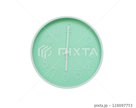 Modern mint green wall clock with white frame and numbers, showing 06:00 AM or 06:00. Ideal for minimalist designs, time-related content, or morning routine visuals. 128097753
