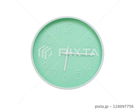 Modern mint green wall clock with white frame and numbers, showing 06:15 AM or 06:15. Ideal for minimalist designs, time-related content, or morning routine visuals. Modern mint green wall clock with white frame and numbers, showing 06:15 AM or 06:15. Ideal for minimalist designs, time-related content, or morning routine visuals. 128097756