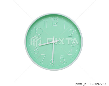 Modern mint green wall clock with white frame and numbers, showing 08:30 AM or 08:30. Ideal for minimalist designs, time-related content, or morning routine visuals. 128097783