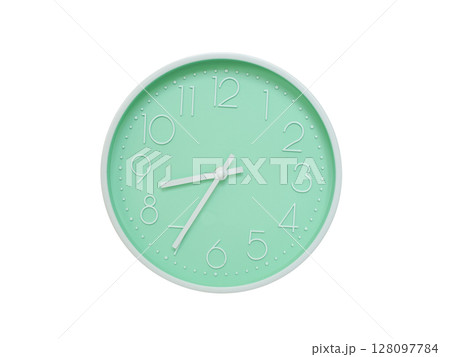Modern mint green wall clock with white frame and numbers, showing 08:35 AM or 08:35. Ideal for minimalist designs, time-related content, or morning routine visuals. 128097784
