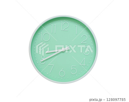 Modern mint green wall clock with white frame and numbers, showing 08:40 AM or 08:40. Ideal for minimalist designs, time-related content, or morning routine visuals. Modern mint green wall clock with white frame and numbers, showing 08:40 AM or 08:40. Ideal for minimalist designs, time-related content, or morning routine visuals. 128097785