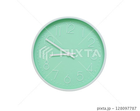 Modern mint green wall clock with white frame and numbers, showing 08:50 AM or 08:50. Ideal for minimalist designs, time-related content, or morning routine visuals. Modern mint green wall clock with white frame and numbers, showing 08:50 AM or 08:50. Ideal for minimalist designs, time-related content, or morning routine visuals. 128097787