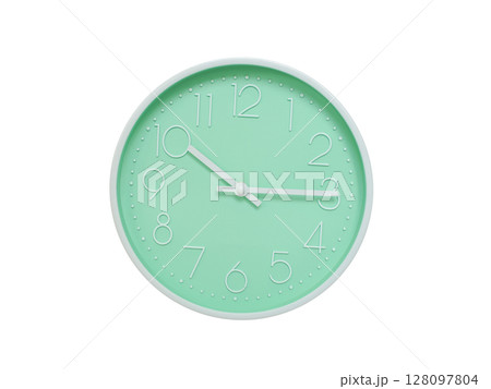 Modern mint green wall clock with white frame and numbers, showing 10:15 AM or 10:15. Ideal for minimalist designs, time-related content, or morning routine visuals. Modern mint green wall clock with white frame and numbers, showing 10:15 AM or 10:15. Ideal for minimalist designs, time-related content, or morning routine visuals. 128097804