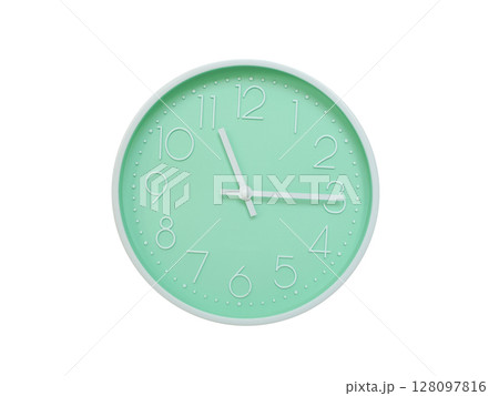 Modern mint green wall clock with white frame and numbers, showing 11:15 AM or 11:15. Ideal for minimalist designs, time-related content, or morning routine visuals. Modern mint green wall clock with white frame and numbers, showing 11:15 AM or 11:15. Ideal for minimalist designs, time-related content, or morning routine visuals. 128097816