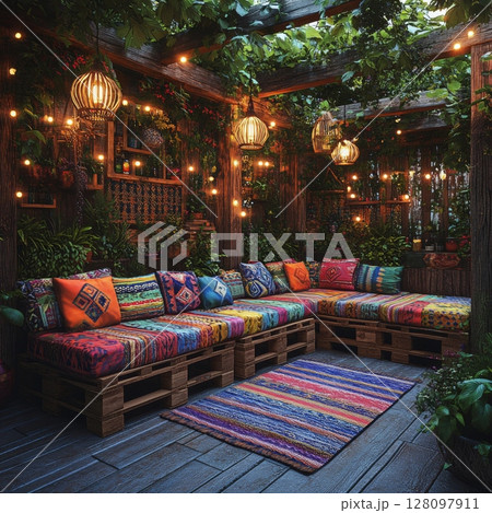 Boho style interior featuring vibrant pallet sofa design with colorful cushions in lush garden setting illuminated by warm twinkling lights for inviting ambiance 128097911
