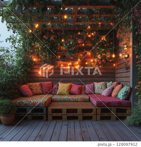Boho style interior featuring pallet sofa surrounded by lush greenery and twinkling lights creates a cozy retreat for relaxation and social gatherings in outdoor space 128097912