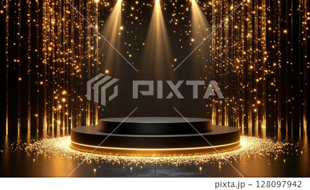 Vibrant fountain illuminated by bright spotlights creating a starry night celebration show of colorful light rays, perfect for a disco party or theater design 128097942