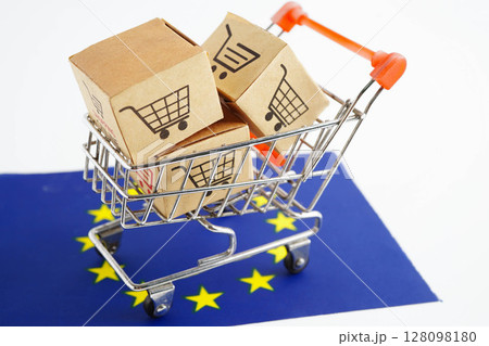 Online shopping, Shopping cart box on EU European Union flag, import export, finance commerce. 128098180
