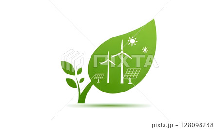 Green Energy Concept Leaf with Renewable Solar and Wind Power Icons 128098238