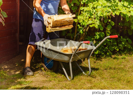 Man working with firewood. Man working with firewood. 128098351