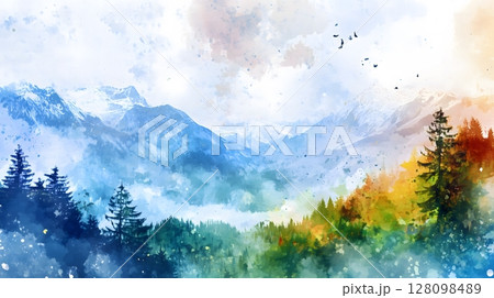 Watercolor Mountain Landscape with Misty Forest and Snowy Peaks Colorful Nature Scene 128098489
