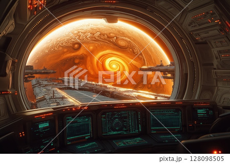 Civilian Cruiser Approaches Jupiter Gateway With Swirling Giant Planet Behind Glass 128098505