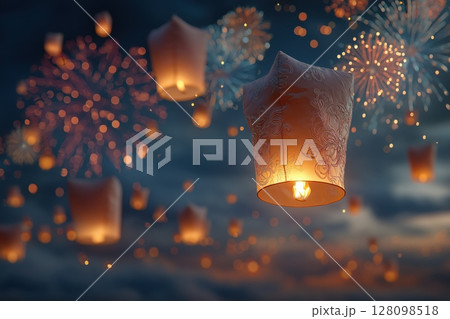 Lanterns drift softly upward as fireworks bloom in dreamy night sky 128098518