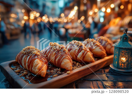 Stuffed qatayef on tray, Ramadan street glows with lanterns and dusk 128098520