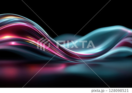 Magenta and blue neon waves swirl through black space with smooth motion 128098521