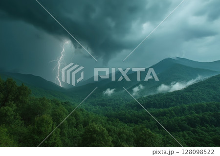 Storm clouds swirl over misty forested mountains in dramatic time-lapse view 128098522