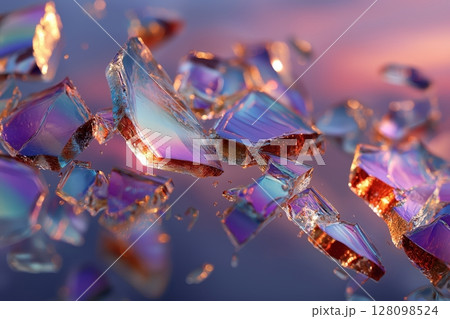 Shattered glass pieces reflecting pastel light in soft abstract composition 128098524