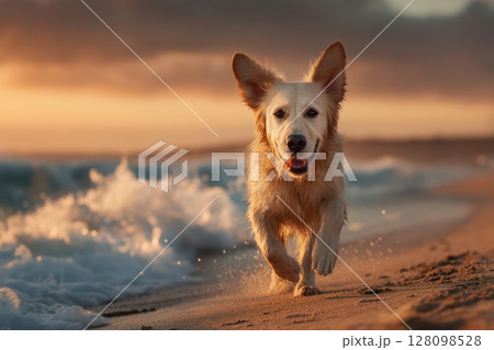 Golden retriever joyfully runs toward camera on glowing coastal sunset beach 128098528