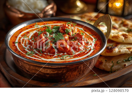 Murgh makhani butter chicken served traditionally with naan, rice, and creamy sauce 128098570