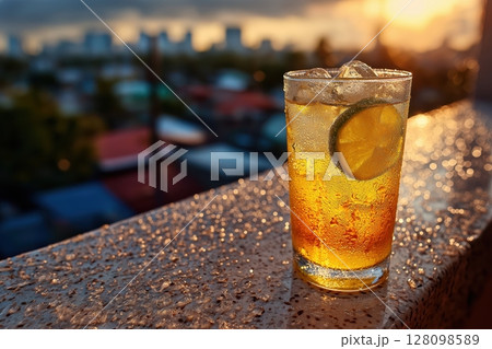 Mango soda with crushed ice on rooftop table during golden hour light 128098589