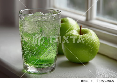 Green apple soda in clear glass, fresh minimalist light kitchen setting 128098600
