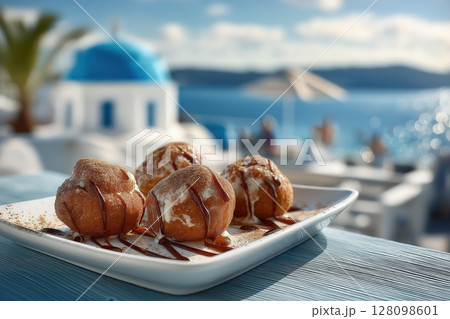Golden loukoumades drizzled with honey, cinnamon, Santorini sea view and sunshine 128098601