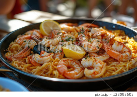 Fideua seafood noodles with prawns, mussels, lemon served beachside under umbrella Fideua seafood noodles with prawns, mussels, lemon served beachside under umbrella 128098605