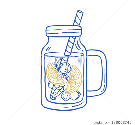 Home made lemonade with ice in the jug vector illustration. Summer Italian fresh drink on white background Home made lemonade with ice in the jug vector illustration. Summer Italian fresh drink on white background 128098743