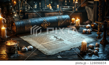 Ancient parchment with gothic text lies on wooden table surrounded by candles and garlic in dark world evoking Dracula day scene 128098834