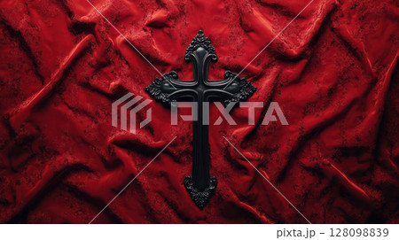 Black ornate cross lies on wrinkled red fabric symbolizing dark world with hint of dracula mystery on this dramatic day 128098839